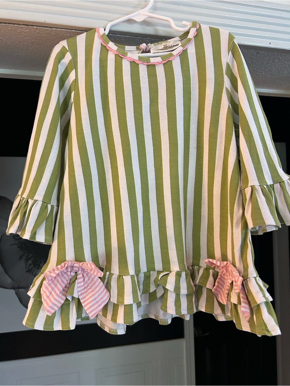 Rare Editions Green & White Striped Ruffle Top with Pink Bow Accents
